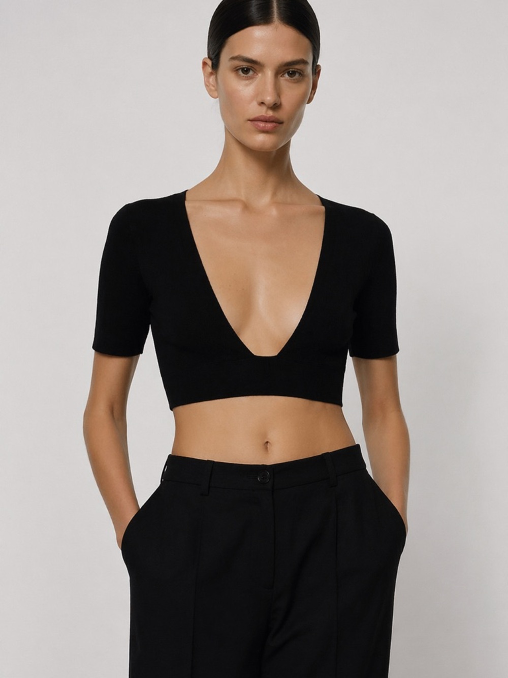 Prada Deep V Plunge Stretch Knit Crop Top Micro Cardigan  L/ XL